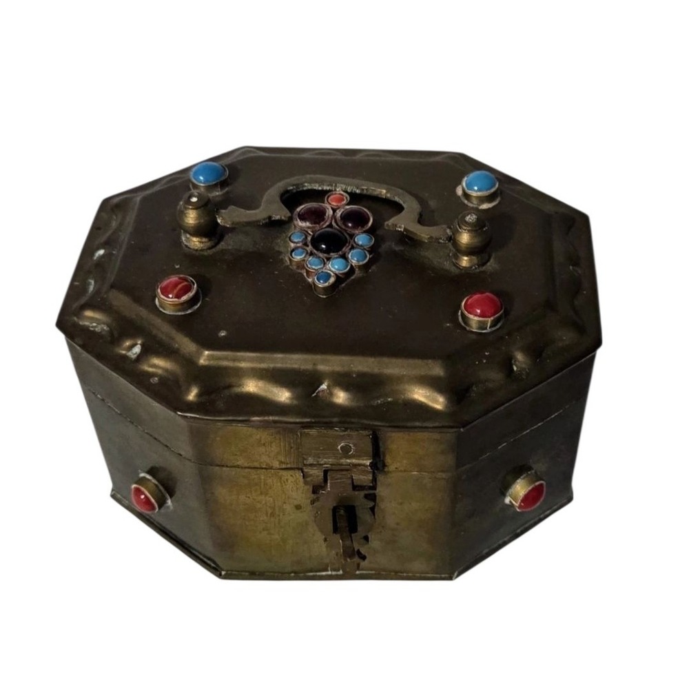 Vintage Brass Octagon Hinged Trinket Box Inlayed Cabochons Patina Beads Handle